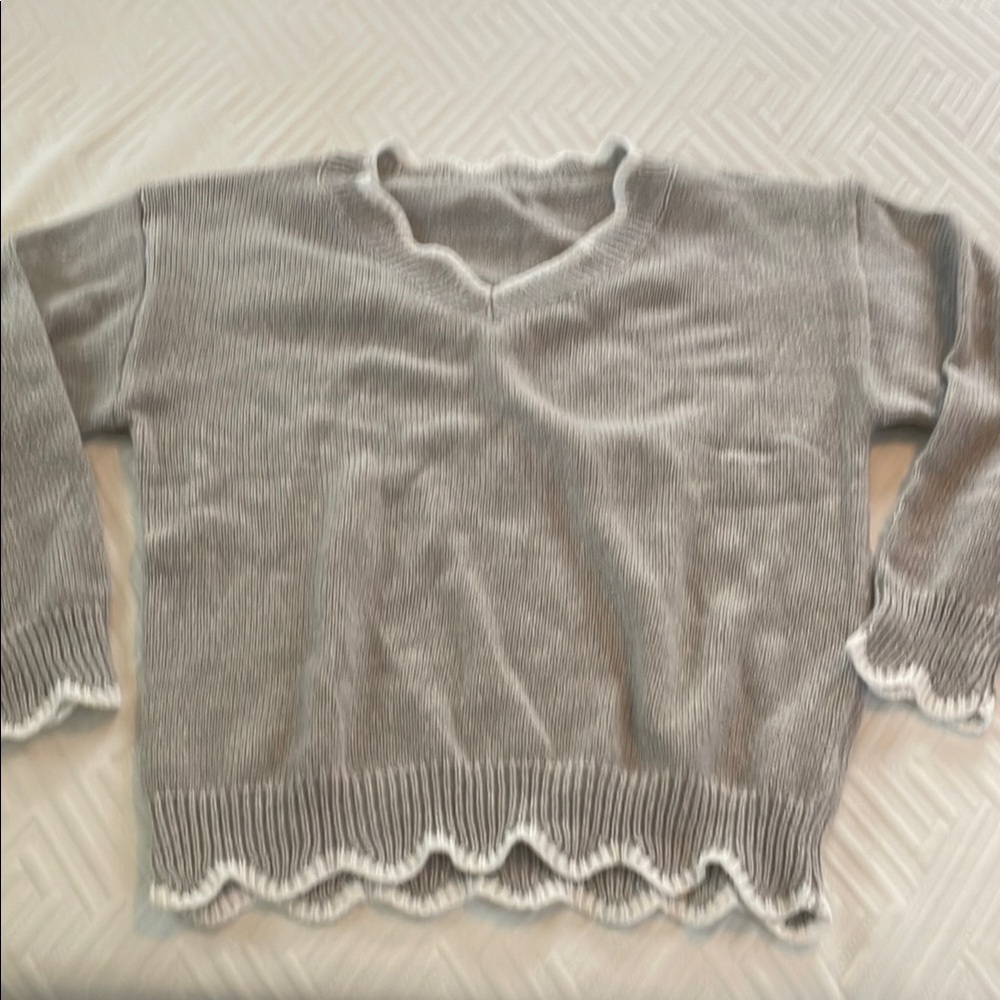 Garage Gray V-Neck Sweater with Zigzag Trim